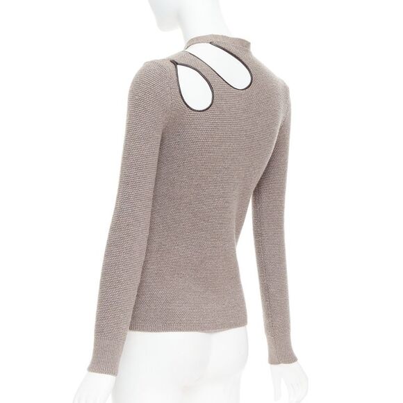 TOM FORD taupe fleece wool blend cut out leather collar sweater S - Picture 6 of 9